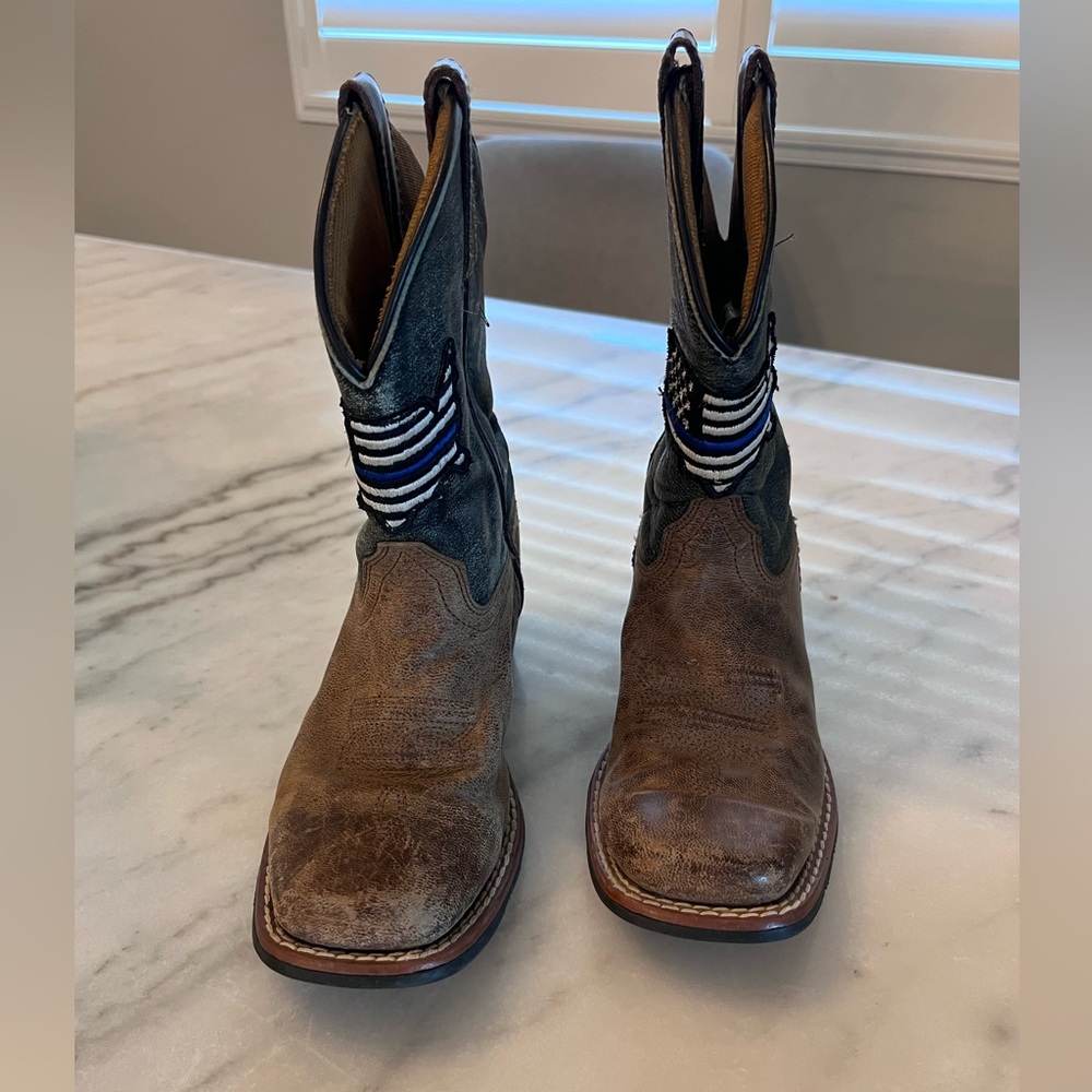 Youth Square Toe Thin Blue Line Flag Patch Cowboy Rodeo Boots